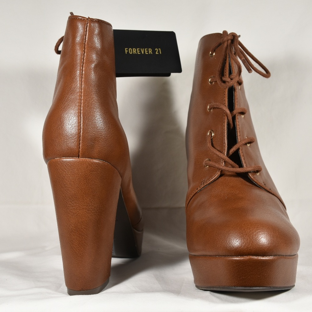 Forever 21 Brown Heeled Leather Boots Laced Front